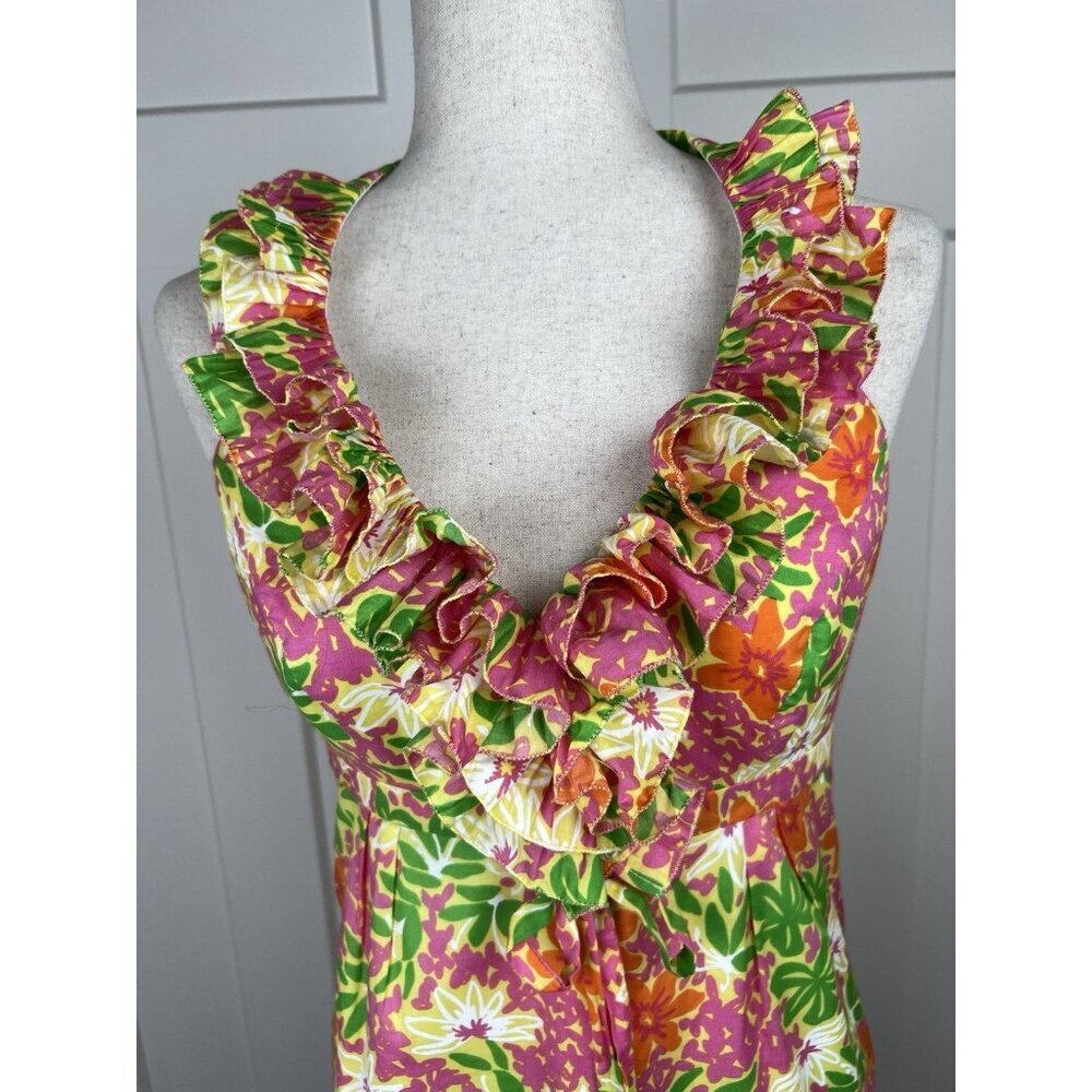 Lilly Pulitzer Ruffle Halter Dress Floral Pink Green Orange Cotton Lined Size 0 - Picture 3 of 11